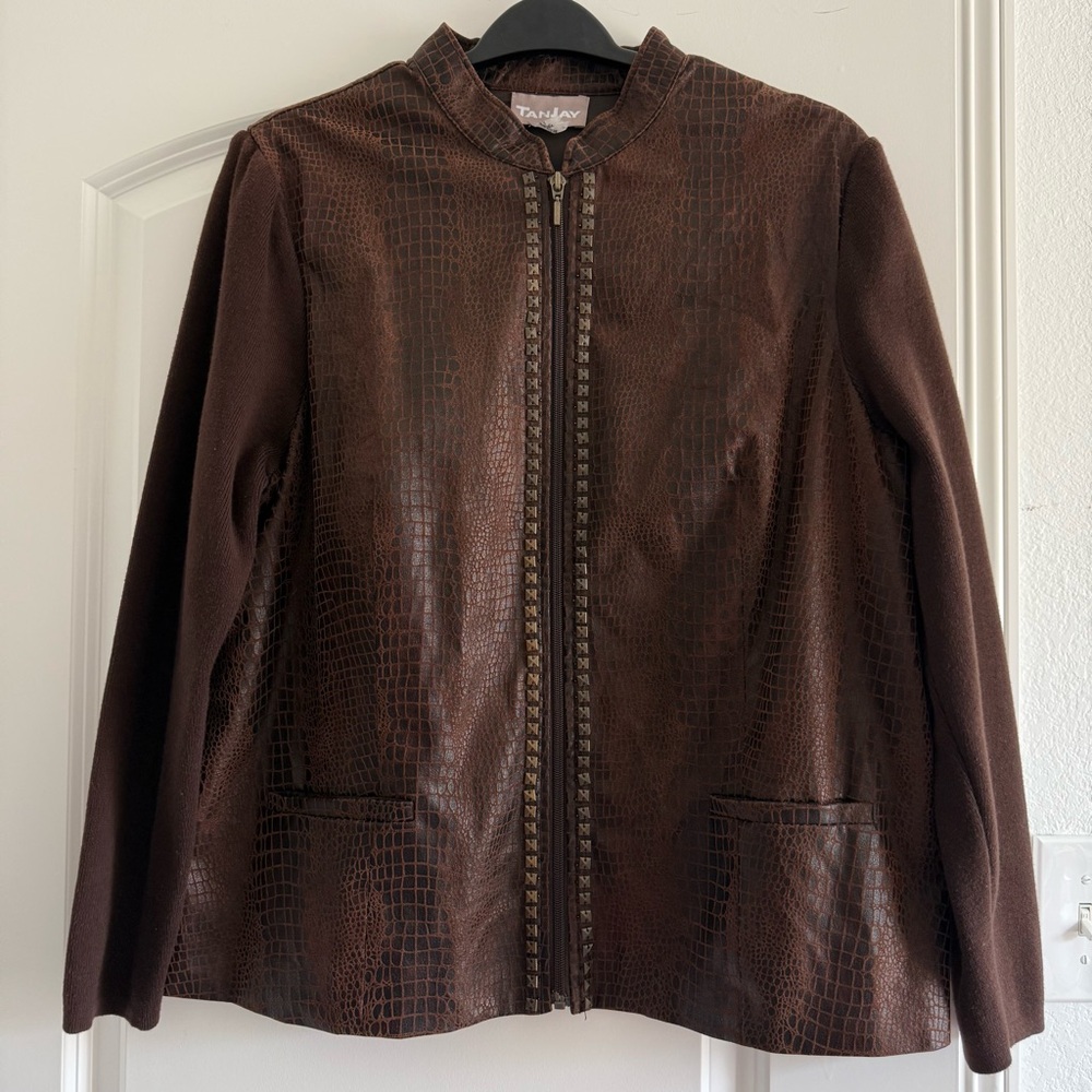 TanJay Women Brown Snake Pattern Jacket  Beads Studs Zipper 1X Knit Sleeves